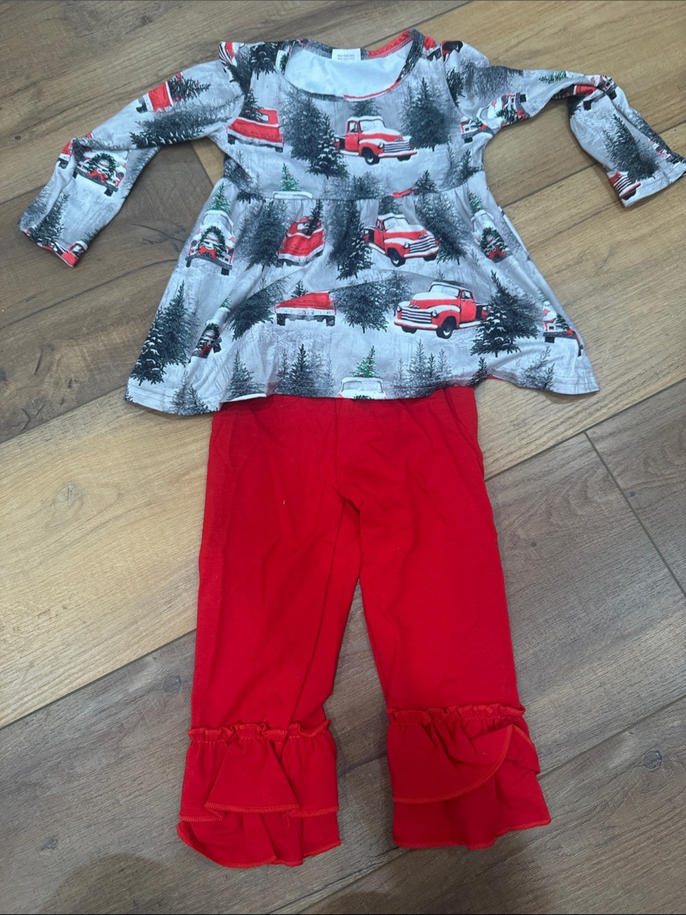 Kids Holiday Truck Print Top and Red Ruffle Pants Set